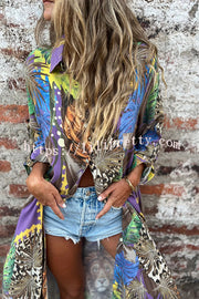 Jungle Miracle Animal Unique Print Button Long Sleeve Midi Relaxed Blouse