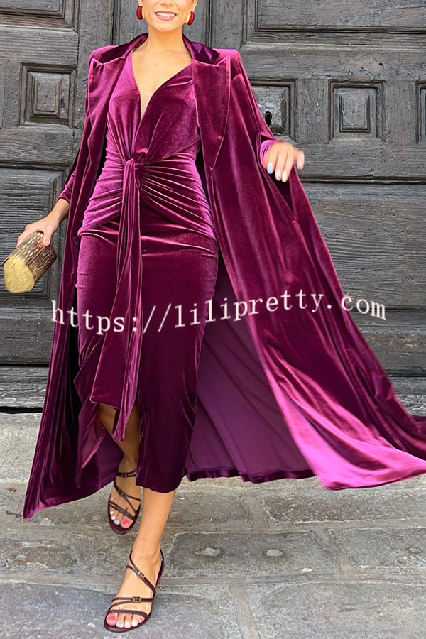 Olivienne Luxurious Velvet Padded Shoulders Slit Sleeve Lapel Midi Cape