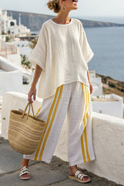Striped Print Crew Neck Loose Top and Elastic Waist Casual Wide Leg Pants