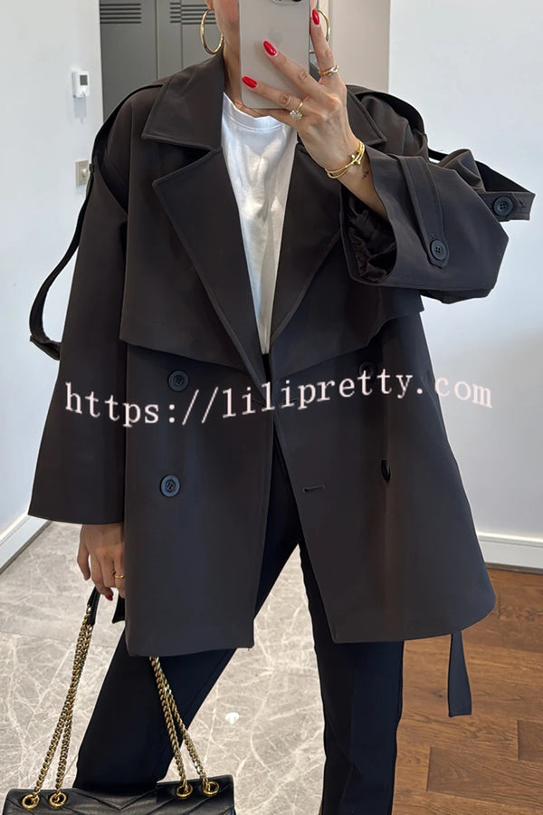 Modern Urban Dropped Shoulder Strap Button Detail Belted Lapel Loose Trench Coat