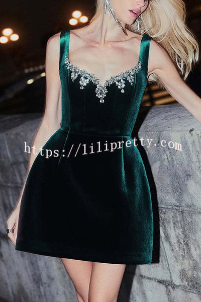 Blair Luxurious Velvet Jewel-encrusted Sweetheart Neck Pocket Tulip Stretch Mini Dress