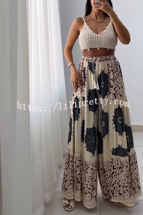 Unique Print Elastic High Waist Tie Pocket Holiday Style Wide Leg Pants