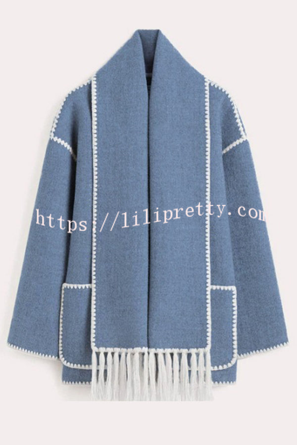 Stylish Loose Pocket Long Sleeve Coat and Warm Fringed Scarf