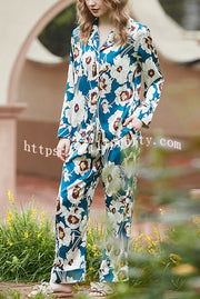 Blue and White Flower Print Home Long-sleeved Two-piece Set