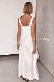 Lilipretty® Simple and Stunning Linen Blend Pinstripe Detail Square Neck A-line Maxi Dress