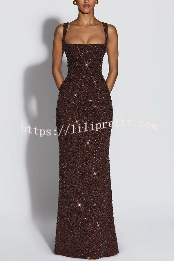 Calanthe Sequin Embellished Chiffon Ruched Square Neck Back Lace-up Maxi Dress