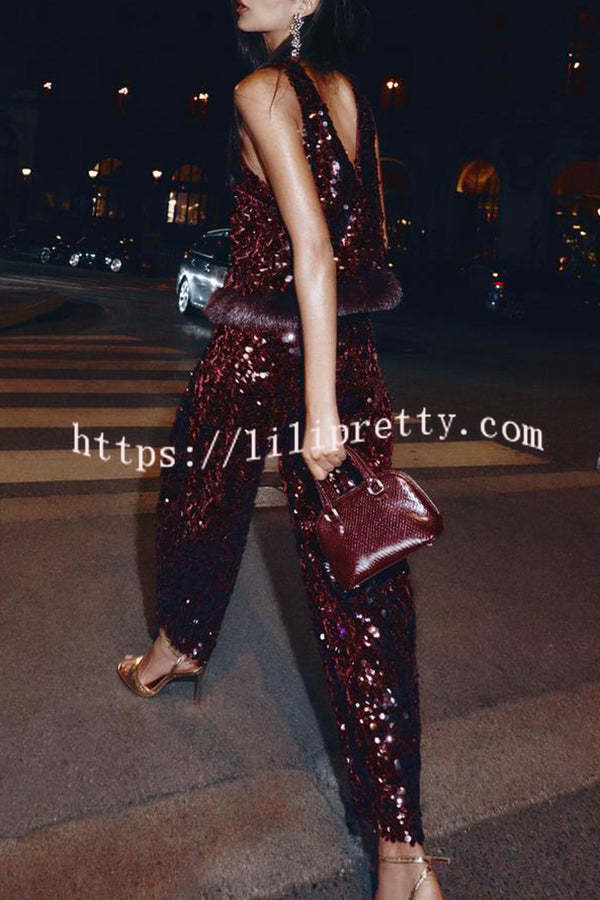 Gala Goddess Sequin High Rise Zipper Waist Wide Leg Pants