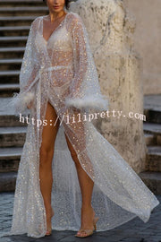 Fashionable Sequined Feather Long-sleeved Vacation Loose Extra-long Sun Protection Cover-up