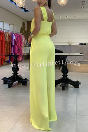 Solid Color Sleeveless Backless Halter Slit Wide Leg Jumpsuit