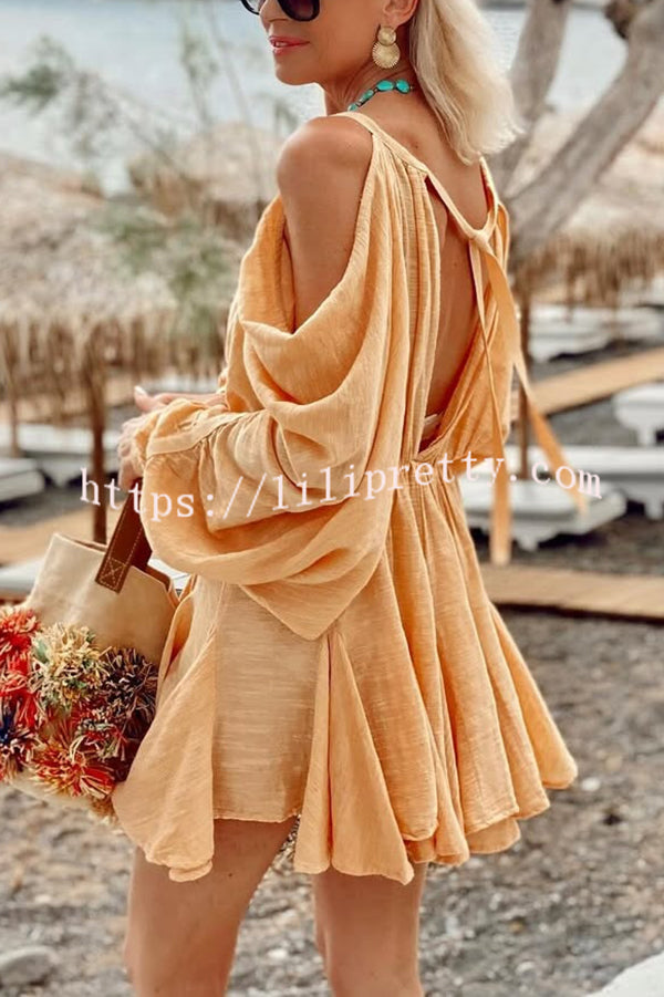 Anita Cold Shoulder Ruched Balloon Sleeve Pleated Hem Loose Mini Dress
