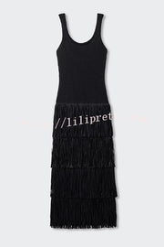 Solid Color Sleeveless Slim Fit Fringed Hem Knitted Midi Dress