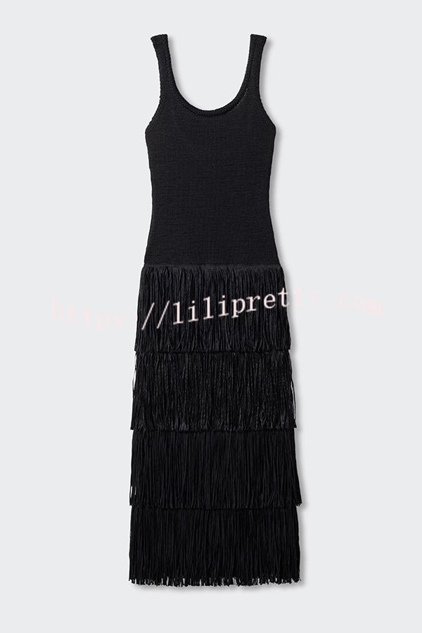 Solid Color Sleeveless Slim Fit Fringed Hem Knitted Midi Dress