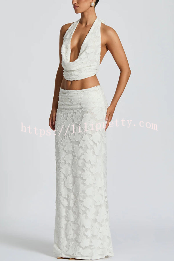 Myra Floral Burnout Jersey Fabric Halter Crop Tank and Ruched Maxi Skirt Set