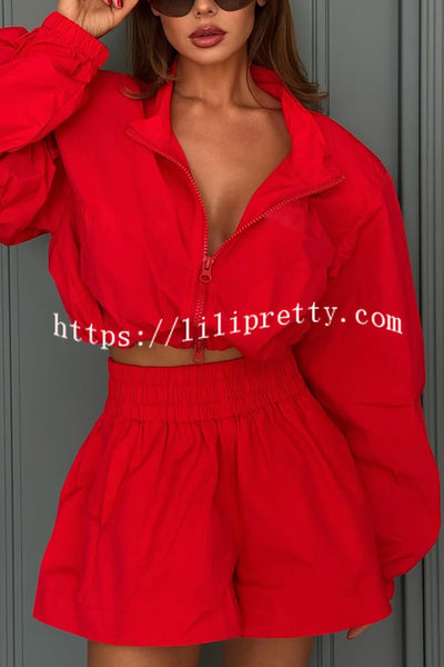 Solid Color Lapel Long-sleeved Loose Zipper Jacket and Elastic Waist Casual Shorts Set