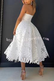 Elegant Openwork Lace Strapless Full-hem Midi Dress