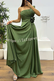 Nasha Satin Pleated One Shoulder Petal Gemstone Detail Pocket Slit Maxi Dress