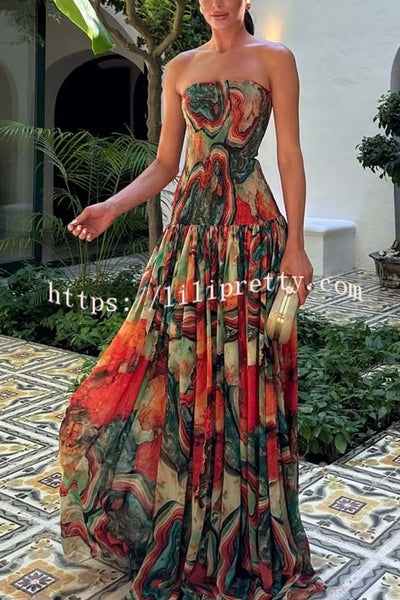 Vacay Vibes Colorful Lava Print Off Shoulder Smocked Scarf Maxi Dress