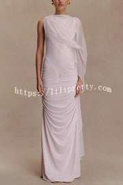 Fashionable Mesh Shawl Sleeveless Slim Fit Pleated Maxi Dress