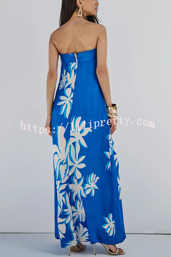 Fashion Vacation Satin Unique Print Off Shoulder Maxi Dress