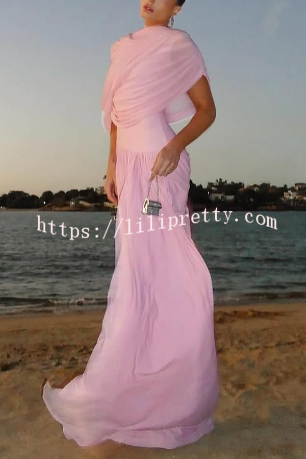 Elegant Mesh Cape-style Pleated Draped Maxi Dress