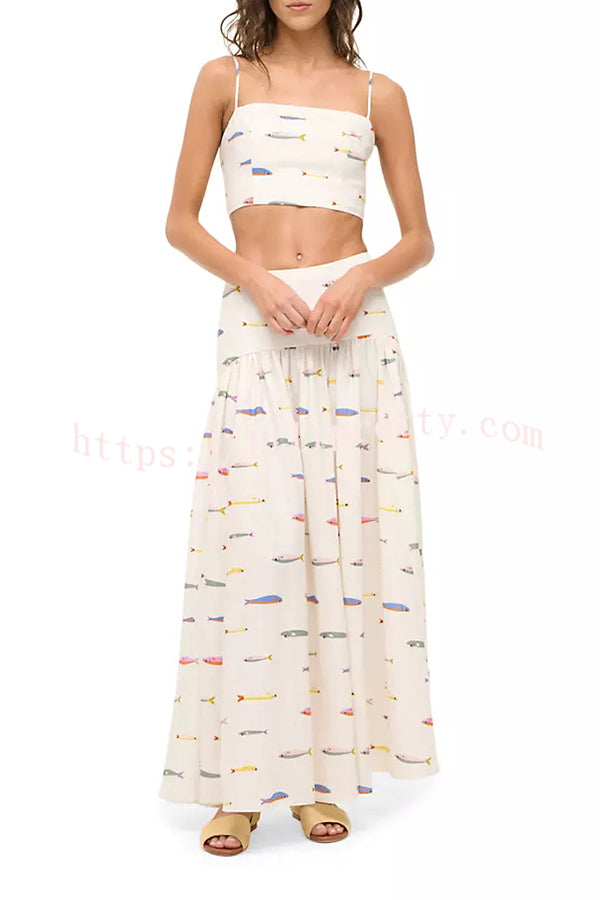 Island Resort Linen Blend Back Smocked Crop Tank and High Rise A-line Maxi Skirt Set