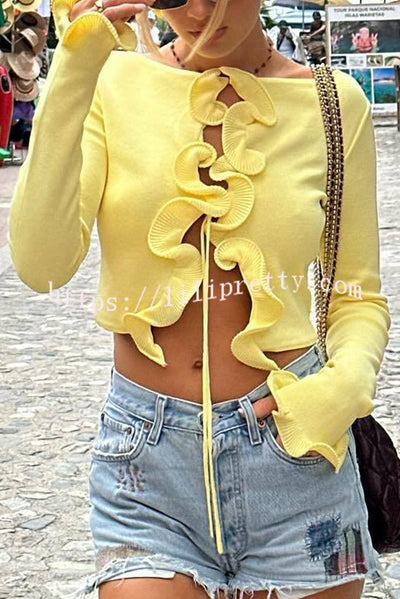 Fashion Ruffled Long-sleeved Tie-cropped Knitted Cardigan