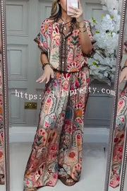 Unique Printed Loose Short-sleeved Top and Elastic Waist Casual Wide-leg Pants Set