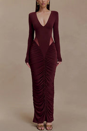 Sexy See-through Long-sleeved V-neck Pleated Slim-fit Maxi Dress