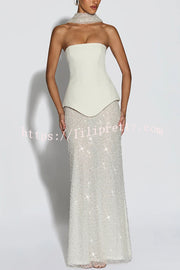 Oakley Corset Strapless Top and Sequin High Rise Maxi Skirt Scarf Set