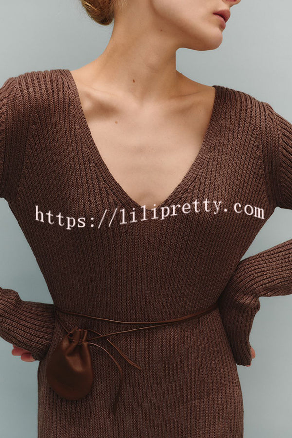 Solid Color V-neck Long-sleeved Slim-fit Elegant Knit Maxi Dress