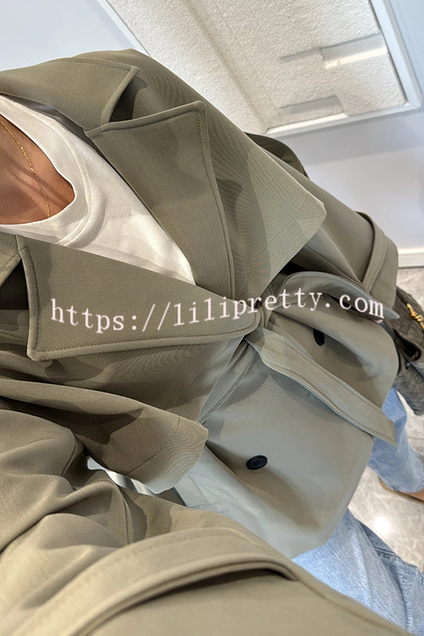 Modern Urban Dropped Shoulder Strap Button Detail Belted Lapel Loose Trench Coat