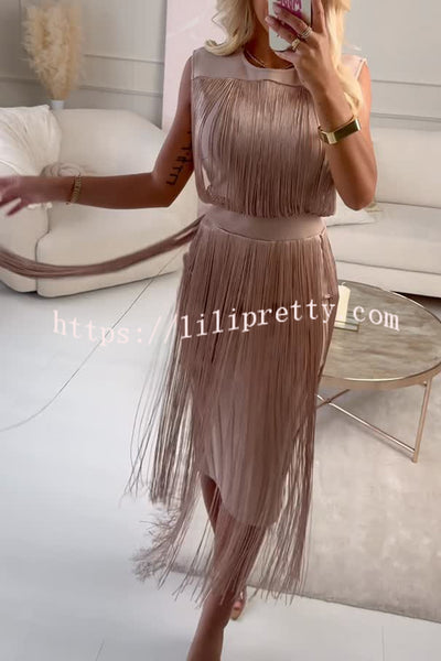 Elegant and Modern Draped Tassel Design Sleeveless Stretch Midi Dress