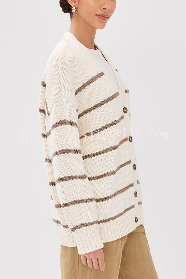 Striped Loose V-neck Long-sleeved Casual Knit Cardigan