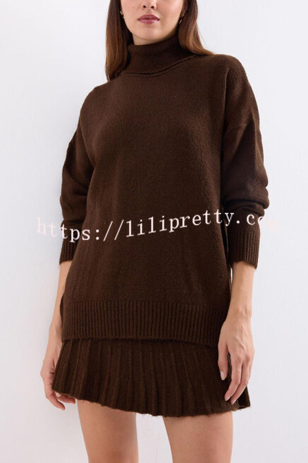 Solid Color Casual Preppy Knit Top and Knit Stretch Pleated Mini Skirt Set