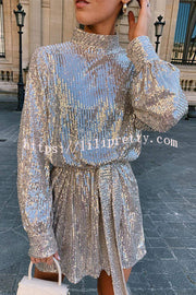 Fashionable Sequined Long-sleeved Belted Casual Mini Dress