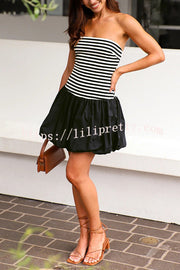 Stripe Print Paneled Pleated Tube Top Mini Dress