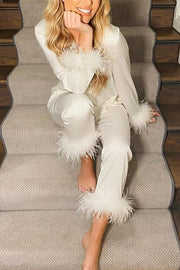 Solid Color Lapel Feather Trousers Two-piece Suit