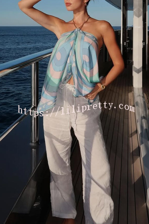 Artistic Girl Satin Unique Print Metal Chain Halter Draped Scarf Tank