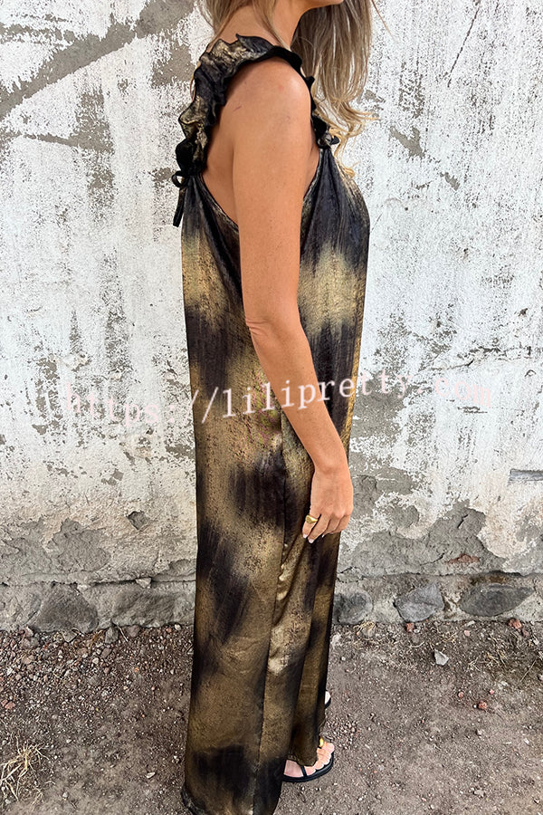 Fashionable Gold-stamped Suspenders Loose Pocket Wide-leg Jumpsuit