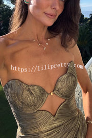 Amisha Metallic Pleated Shell Cups Hollow Gold Pendant Strapless Drape Slit Maxi Dress