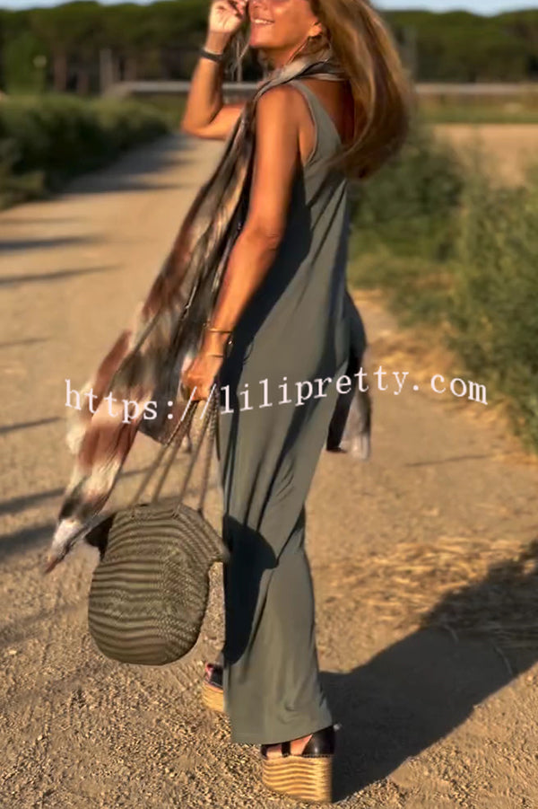 Solid Color V-neck Sleeveless Casual Loose Maxi Dress
