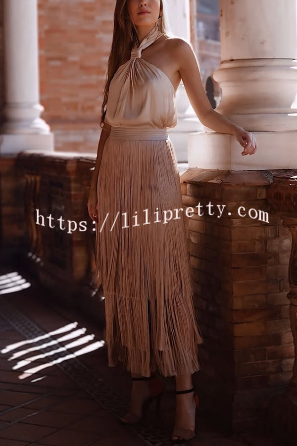 Elegant Tassel Hem Elastic Waist Casual Maxi Skirt