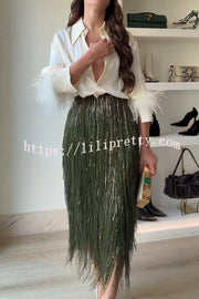 Party Crasher Layered Sequined Tassels High Rise Back Zipper Midi Skirt