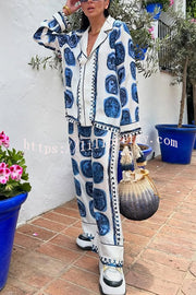Unique Print Lapel Long Sleeve Shirt and Elastic Waist Wide Leg Pants Set