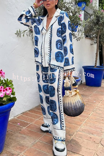 Unique Print Lapel Long Sleeve Shirt and Elastic Waist Wide Leg Pants Set
