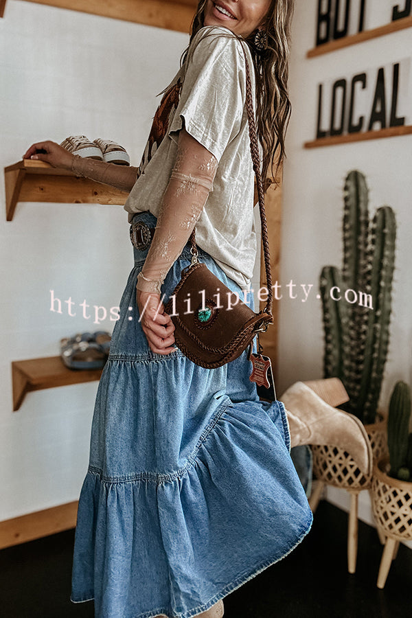 Bohemian High Rise Button Up Loose Denim Pocket Maxi Skirt