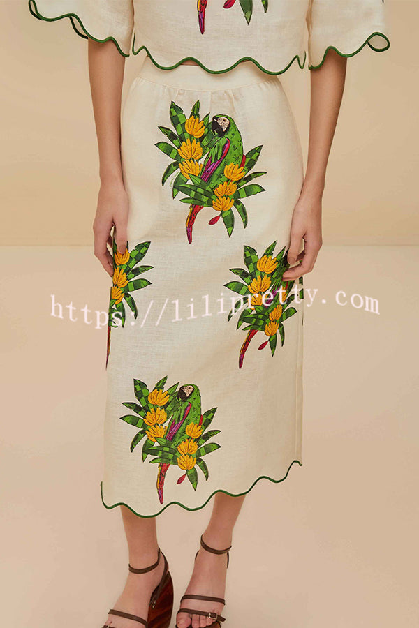 Parrot Print Round Neck Loose Crop Top and Elastic Waist Pocket Casual Midi Skirt Set