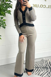 Fashionable Knit Colorblock Long Sleeve Cardigan and Elastic Waist Loose Stretch Pants Set