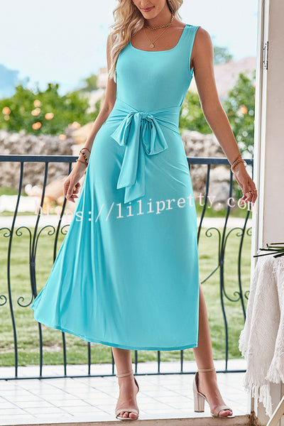 Lilipretty® Fresh and Sweet Solid Color Lace Up with Slits Midi Dress