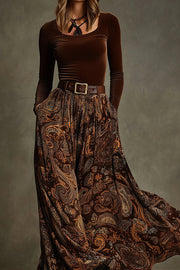 Stylish Velvet Long-sleeved Fitted Top and Unique Printed Casual Pocket Maxi Skirt Set